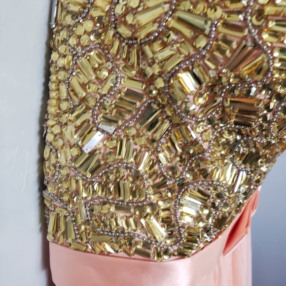 La Femme NWT Peach Apricot Maxi 10 Dress Strapless Tube Top Gold Gem Bust Flawed - Picture 5 of 10